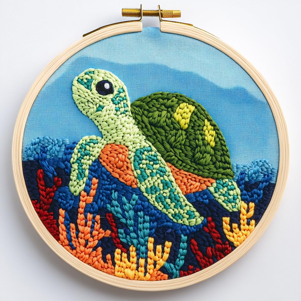 DIY Punch Needle Kits Green Sea Turtle with Hoop 20x20cm-1