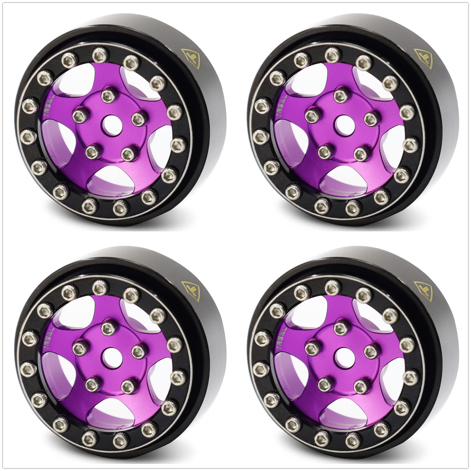 Treal 1.0 Beadlock SCX24 Wheels (4P) Classic 5-Star 1" Micro Beadlock Wheels for Axial 1/24 Deadbolt Betty C10 Gladitor Bronco 27.3g (Black-Purple)