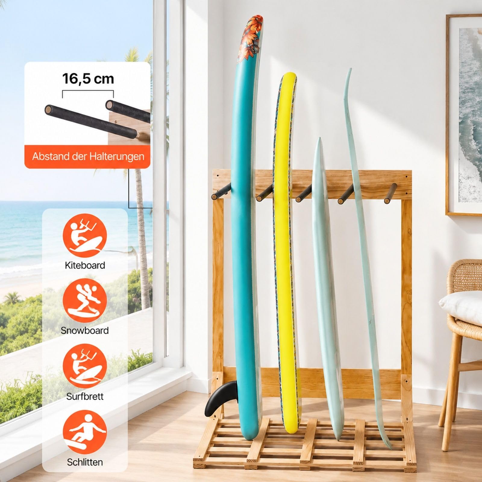 Vertikaler Surfbrettständer aus Holz, freistehendes 4-stufiges Boardregal zur Aufbewahrung und Präsentation für Snowboards, Wakeboards, Kitesurfs, Shortboards und Skier