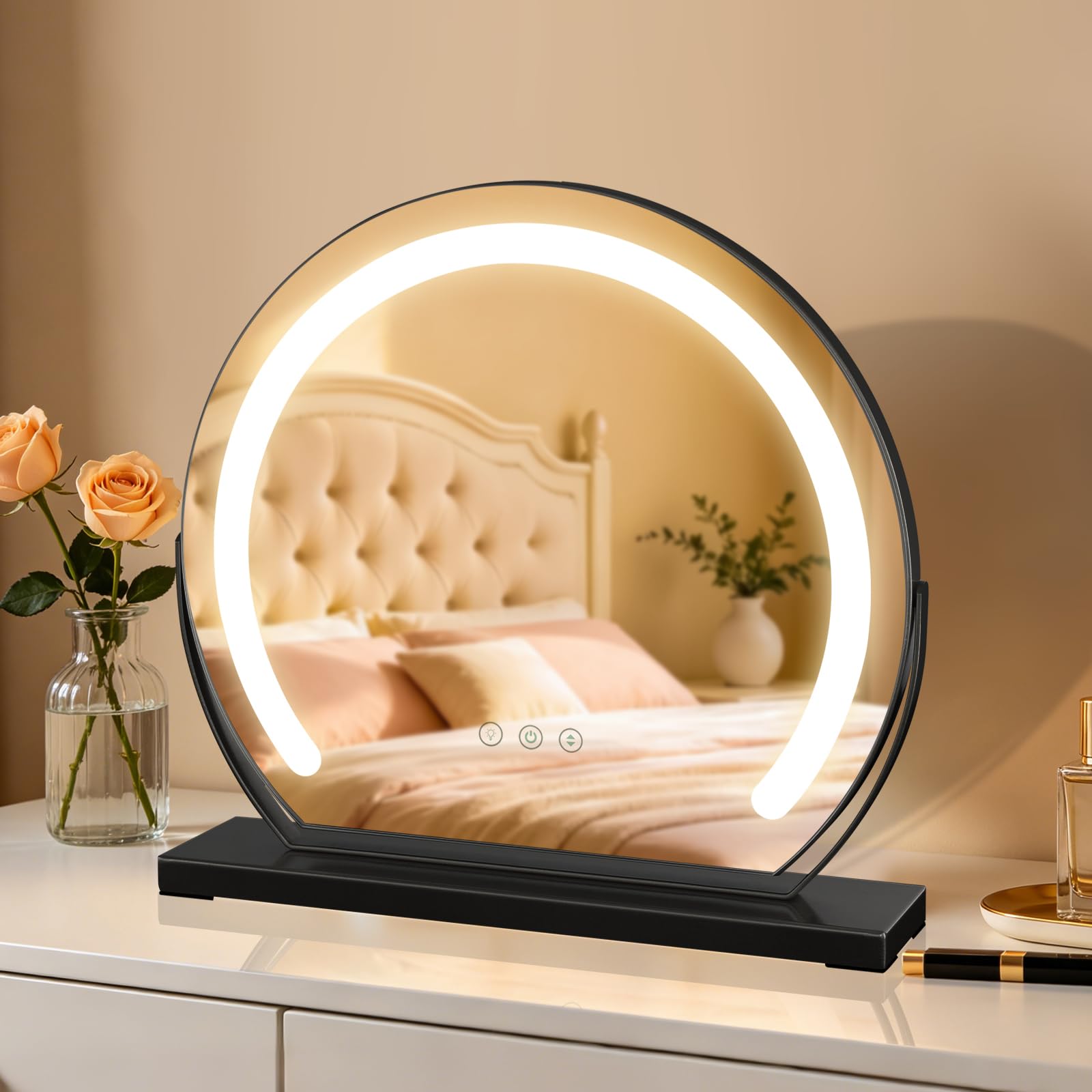 MantoLite Large Round Dressing Table Mirror Black 15.74 Inch Led Touch Switch Vanity Mirror with Lights 180° Rotating Adjustment Stepless Dimming 10%-100% 3 CCT Modes Plug-in Mirror for Bedroom