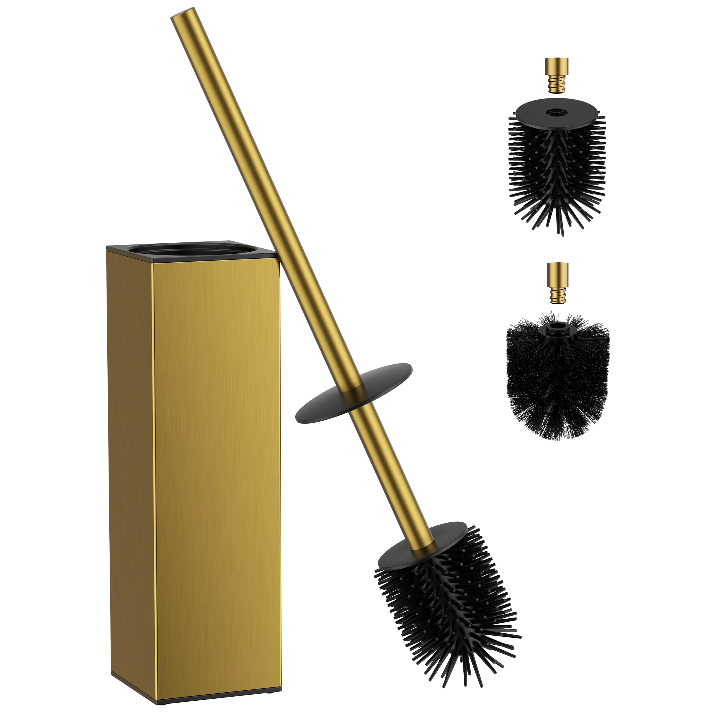 FORIOUS Silicone Toilet Brush Stainless Steel, 42 cm Extra Long Handle, Anti-Splash Design, Includes Replacement Head & Removable Inner Cup, Gold