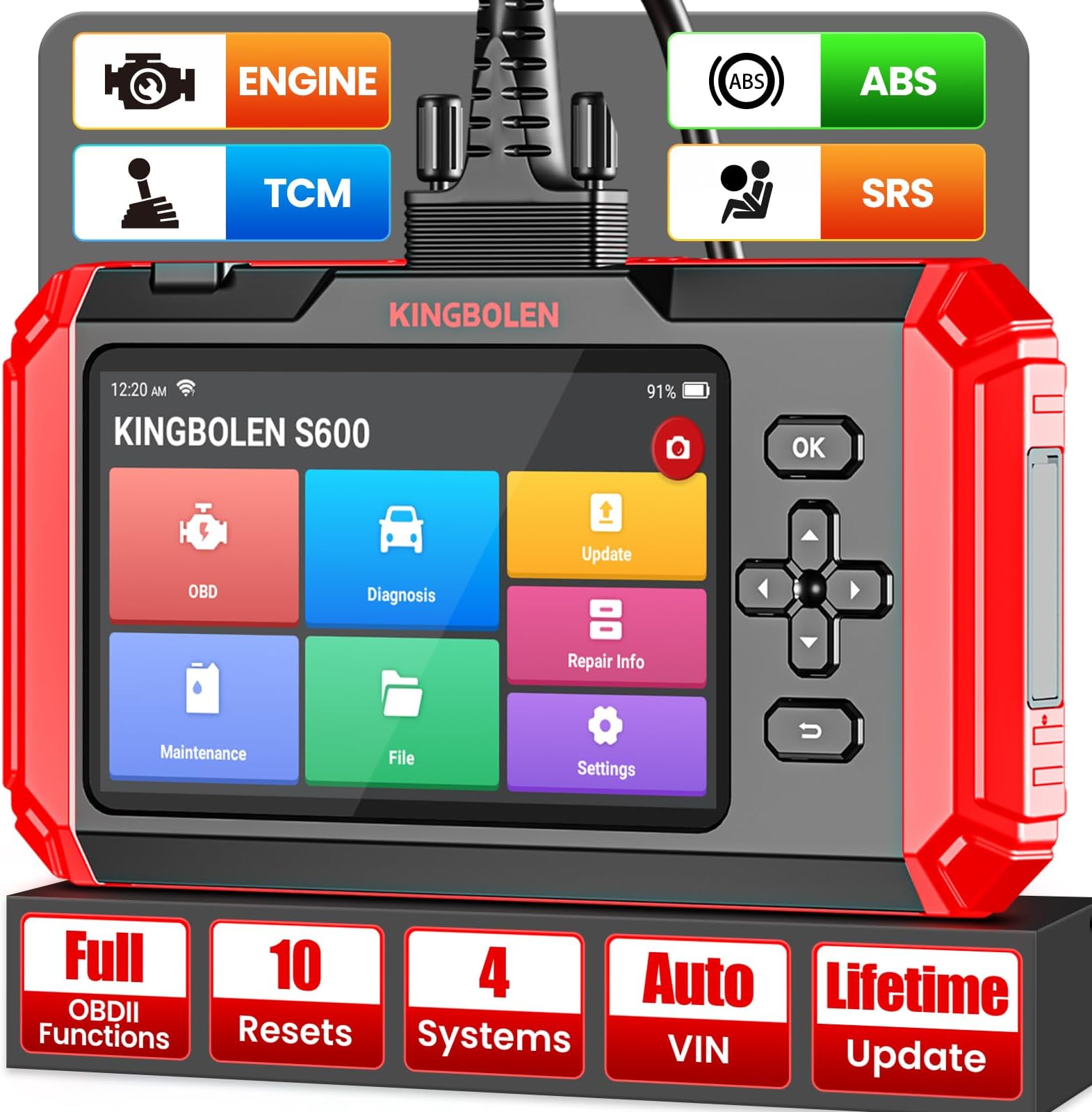 KINGBOLEN S600 OBD2 Scanner Diagnostic Tool Lifetime Free Update,Automotive Engine 4 Systems Scan Tools with 8 Resets,ECM/TCM/SRS/ABS Code Reader OIL TPMS BRAKE SAS Throttle Adaptation Service,AutoVIN