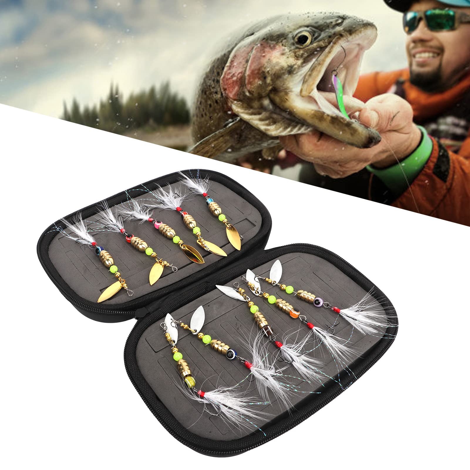 Kit de Equipo de señuelos de Pesca, 10 Piezas, Anzuelo de Plumas de Lentejuelas Giratorio Compuesto, Color Brillante, Resistente al Agua Salada, señuelos de Pesca de Acero con