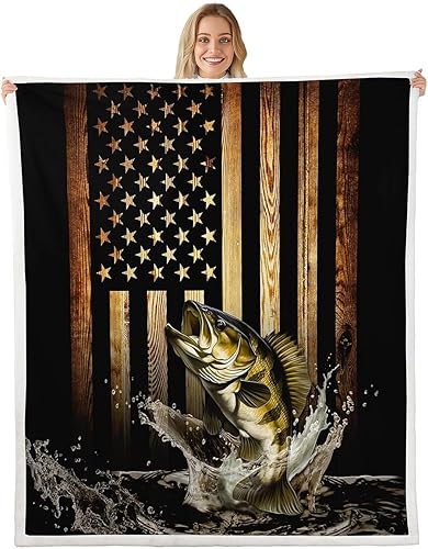 Homewish Manta vintage de bandera estadounidense, manta de caza para hombres, manta de forro polar con diseño de peces de lubina 3D para niños y