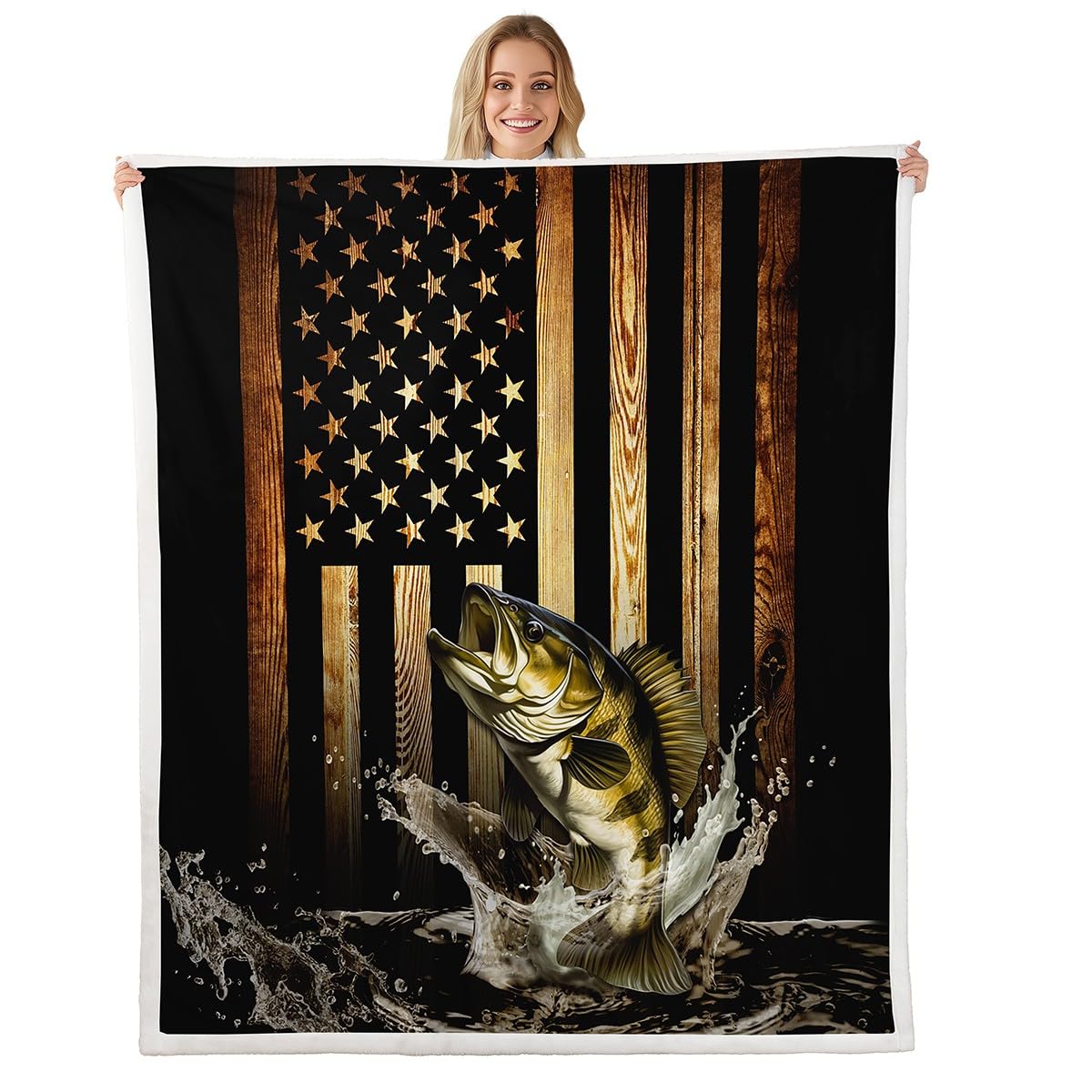 Homewish Vintage American Flag Throw Blanket,Men Fishing Hunting Blankets,3D Bass Fish Fleece Blanket for Kids Boys Adult Room Decor,Rustic Style Black Brown Wooden Stripes Sherpa Blanket