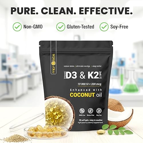 Miniatura 6 de Cápsulas blandas extra fuertes de vitamina D3 + K2 de 10,000 UI con aceite de coco, suplemento combinado de vitamina D3 y K2 para apoyo óseo,