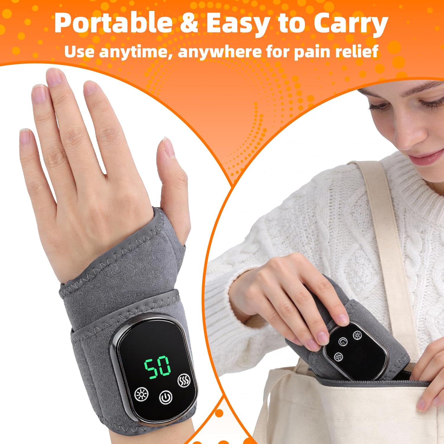 Cordless Wrist Massager with Heat & Vibration, Rechargeable Heated Wrist Brace, Red Light for Carpal Tunnel/Arthritis, Portable for Office/Travel/Gym, Left/Right Hand Universal, Gifts for Men Women
