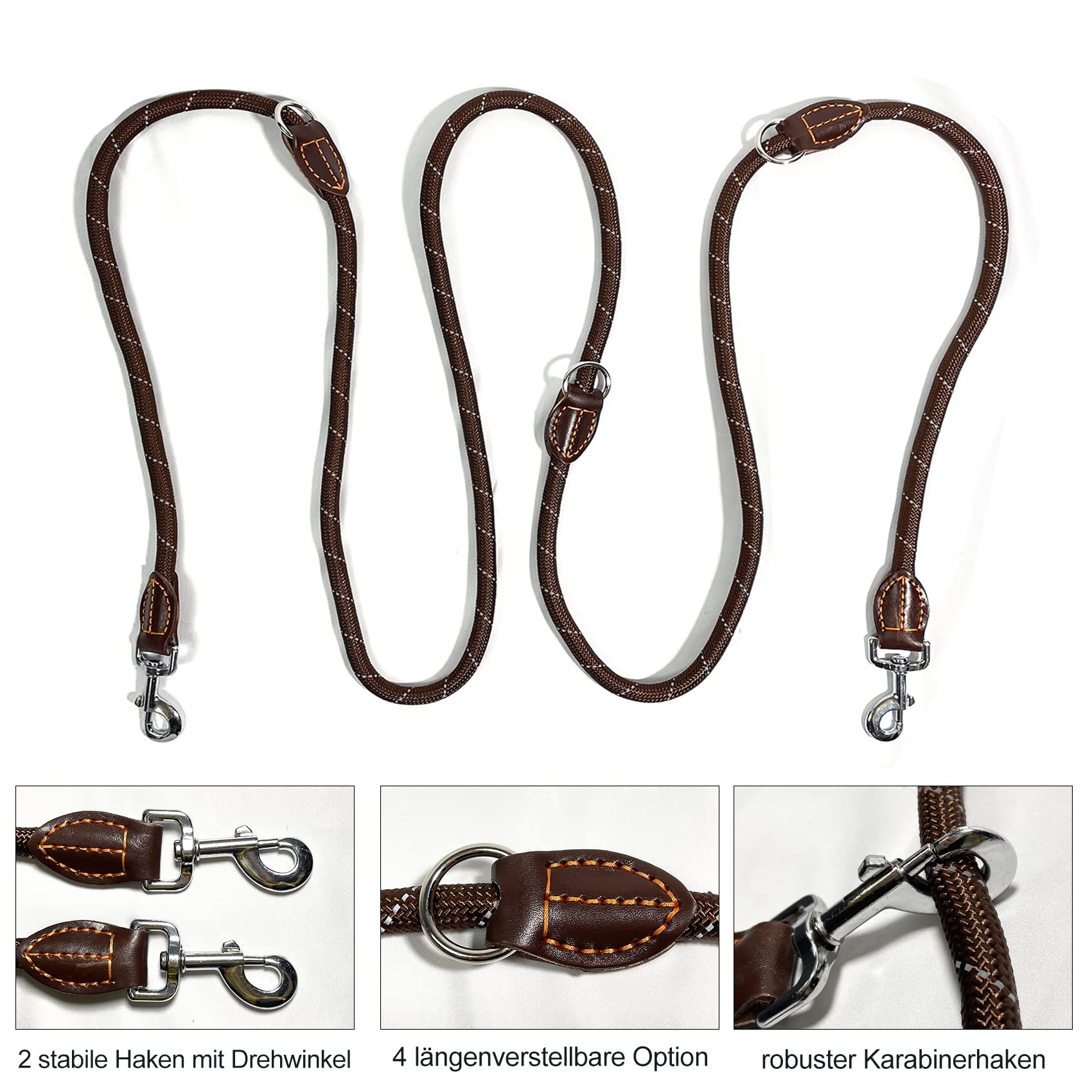 Guinzaglio per Cani, Cani di Grossa Taglia, Doppio Guinzaglio, Riflettente Premium, Regolabile in 3 Direzioni, Guinzaglio a Spalla in nylon, rotondo e resistente ai morsi con 2 moschettoni, 3M marrone