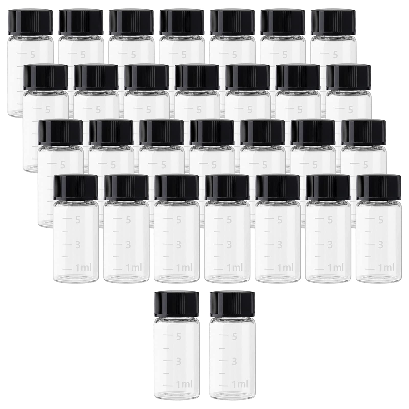 30PCS 5ml (0.17 Oz) Clear Glass Vials Mini Sample Bottles with Black Screwcap Liquid Sampling Sample Vials for Chemistry Lab Chemicals(25pcs with Scale, 25pcs no Scale)