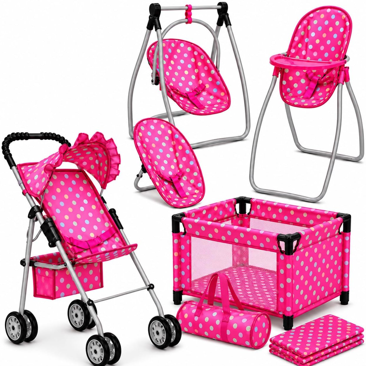 Fash n kolor 3 Piece Baby Doll Play Set – Polka-Dot Design Pack n Play, Foldable Doll Stroller, High Chair – Fits 18 Inch Dolls – Pretend Play Doll Nursery Accessories Set