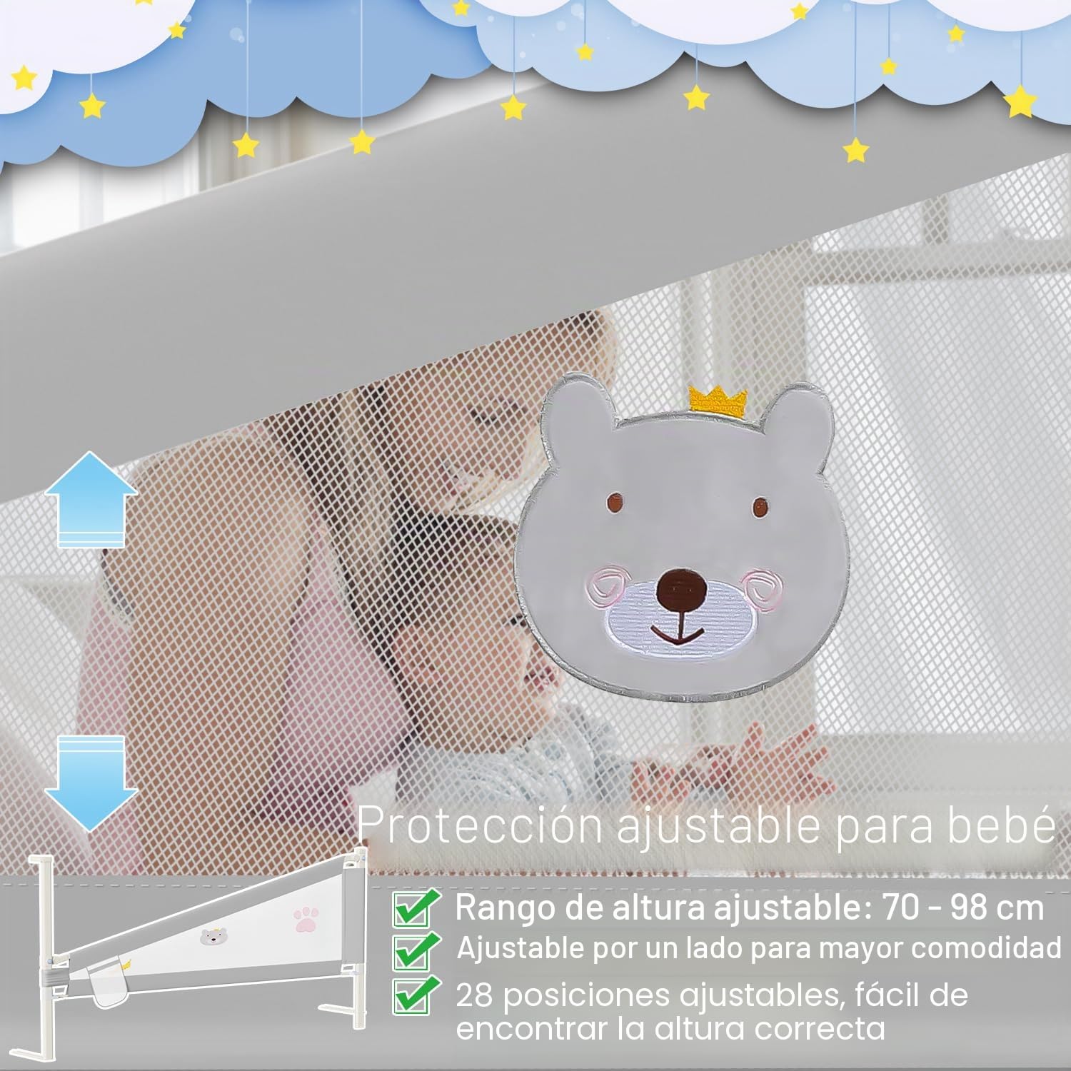 Ikodm Barrera de cama de 150 cm, protección contra caídas, barandilla de cama para niños y camas de matrimonio, altura ajustable de 70-98 cm, estable, gris