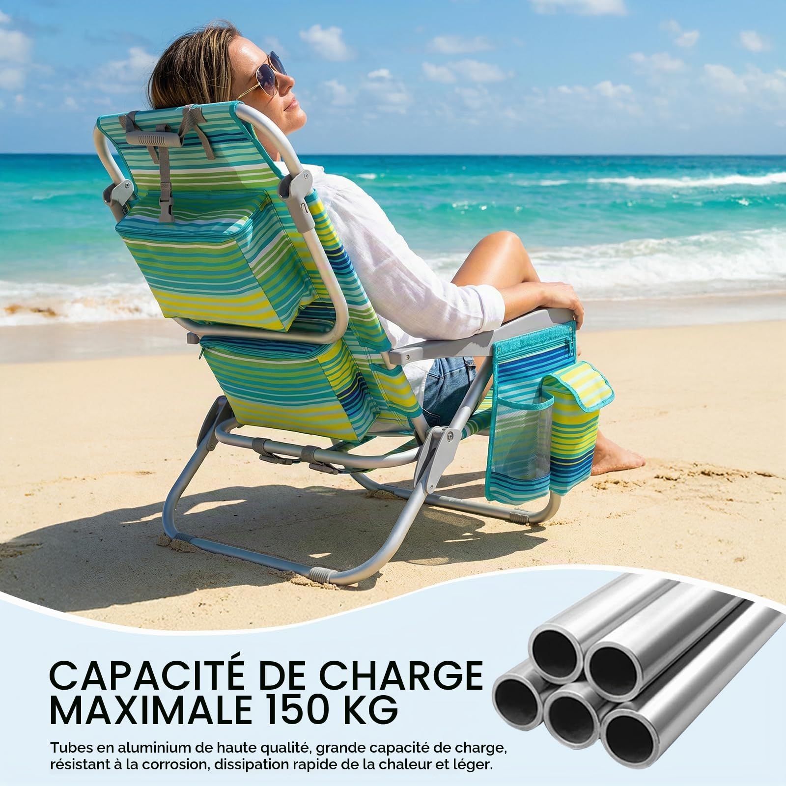 LIFERUN Chaise Pliante de Plage en Alliage d'Aluminium, Légère, Lot de 2, Chaise Pliante Portable comme Un Sac à Dos, Chaise de Camping, Inclinable, Charge Maximale 150 kg, Chaise Pliante d'Extérieur
