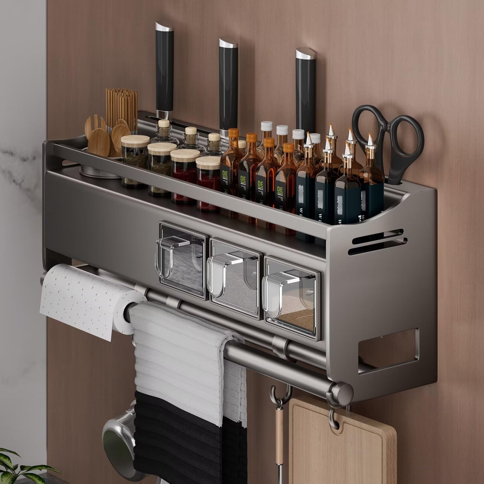 MYUYEE Wall Mounted Spice Rack Stainless Steel Spice Stor Spice Rack Organiser,Kitchen Wall Storage Shelf For Cupboard(Grijs-34X13X18Cm)