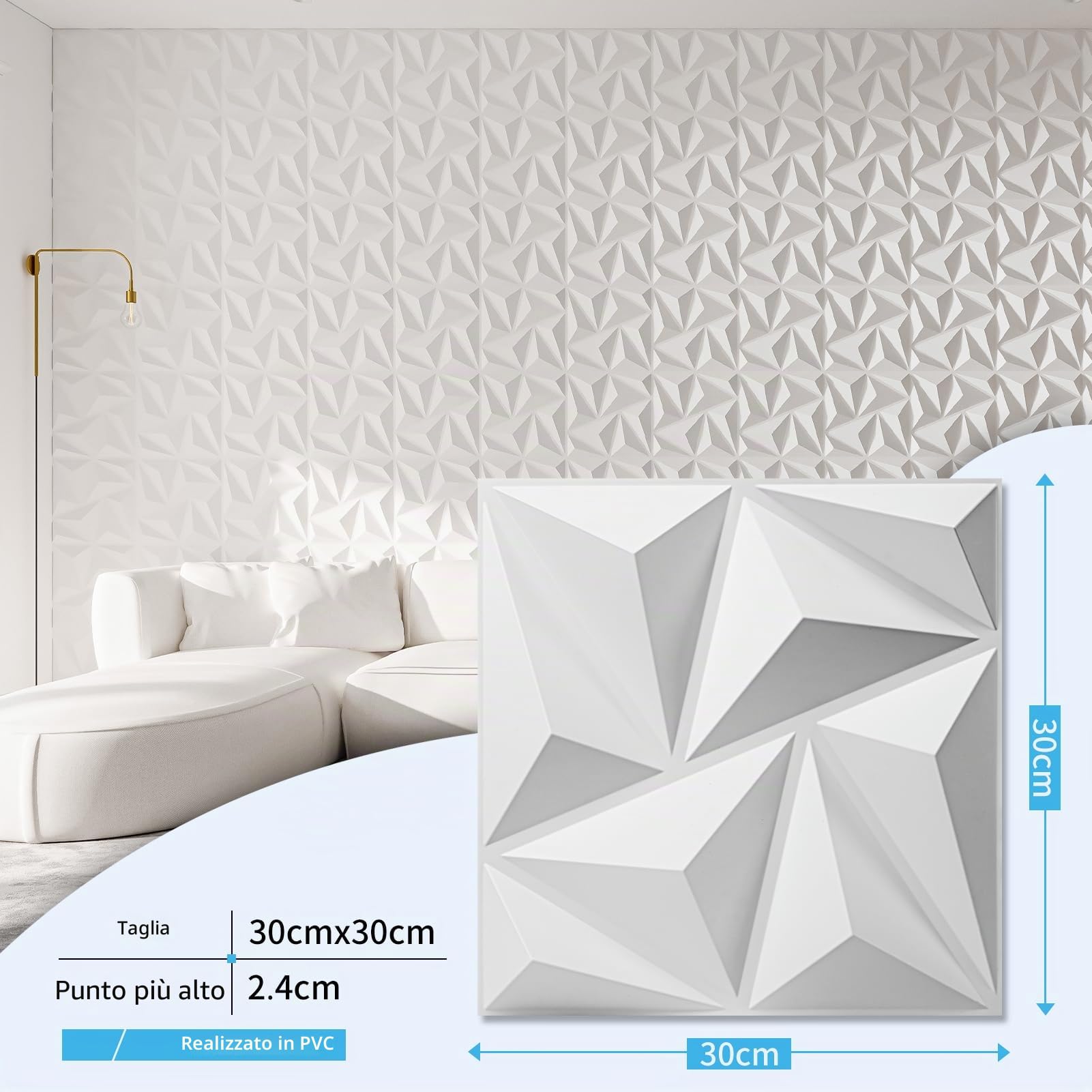 Art3d Confezione da 20 pannelli decorativi da parete 3D bianchi, 1,8 m² in PVC, decorazione da parete per interni, 30 x 30 cm