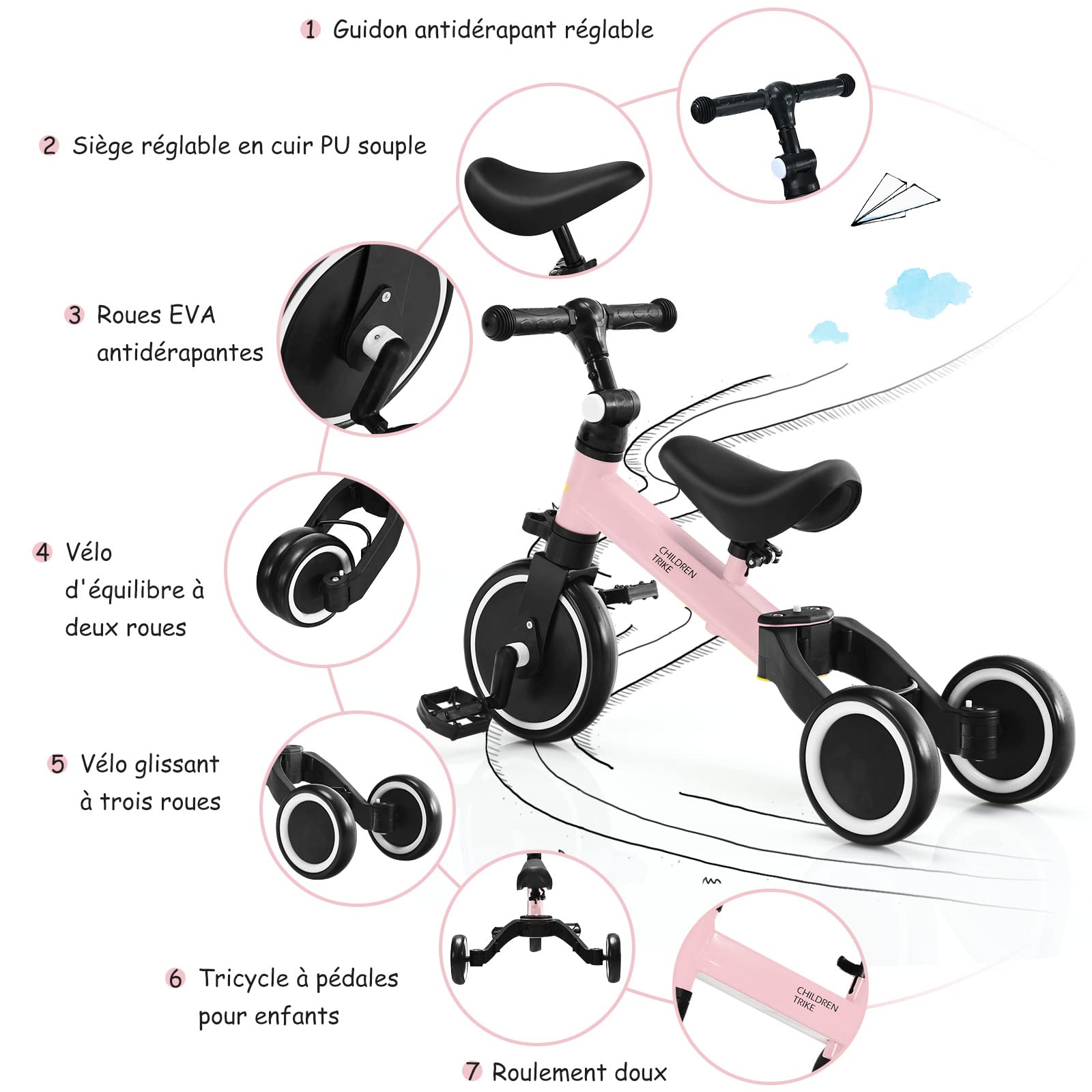 COSTWAY Vélo D'équilibre 3-en-1 évolutif – Tricycle à Pédales, Draisienne, Siège Réglable, Roues EVA – 1-4 Ans (Rose)