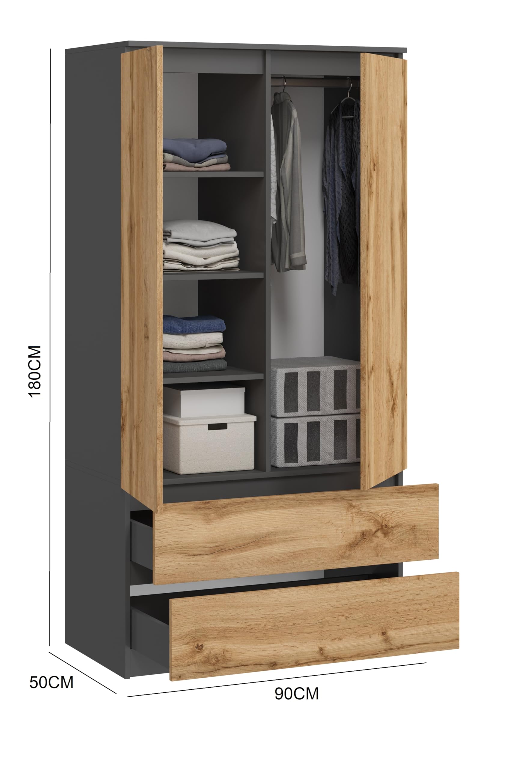 BDW Monia Armoire avec 2 portes et 2 tiroirs, mat, 4 étagères, guides à roulettes en métal, pour chambre à coucher, penderie, bureau (anthracite/chêne Wotan, 180 x 90 x 50 cm)