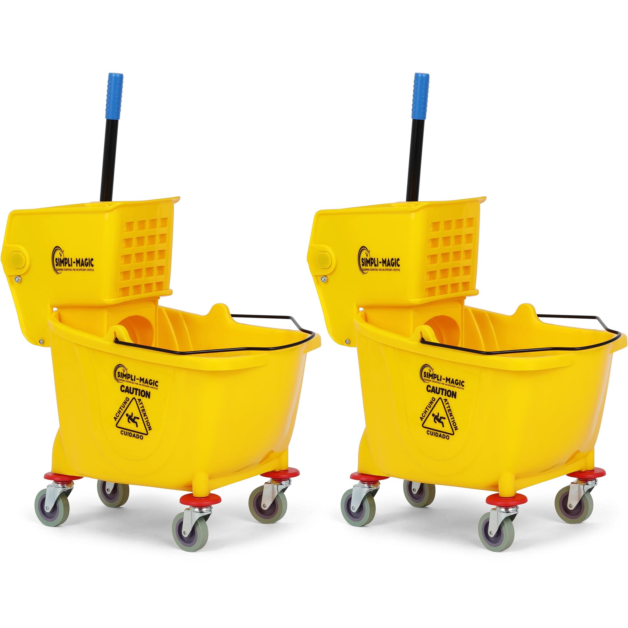 SIMPLI-Magic Side Press Wringer Combo Commercial Mop Bucket on Wheels, 2-Pack, 35 Quart, Yellow, Including Wet Floor Caution Sign and Mop Set, Polyethylene