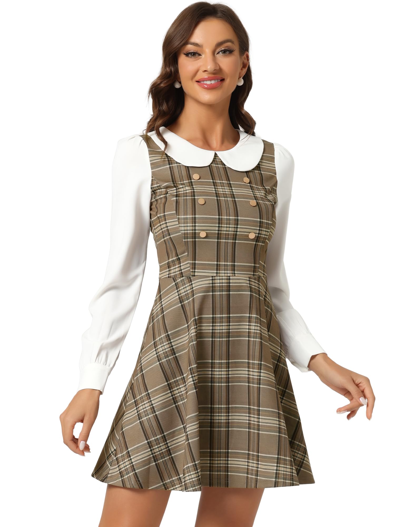 Photo 1 of Allegra K Women's Peter Pan Collar Contrast Color Button Decor A-Line Preppy Plaid Mini Dress Small Khaki Brown