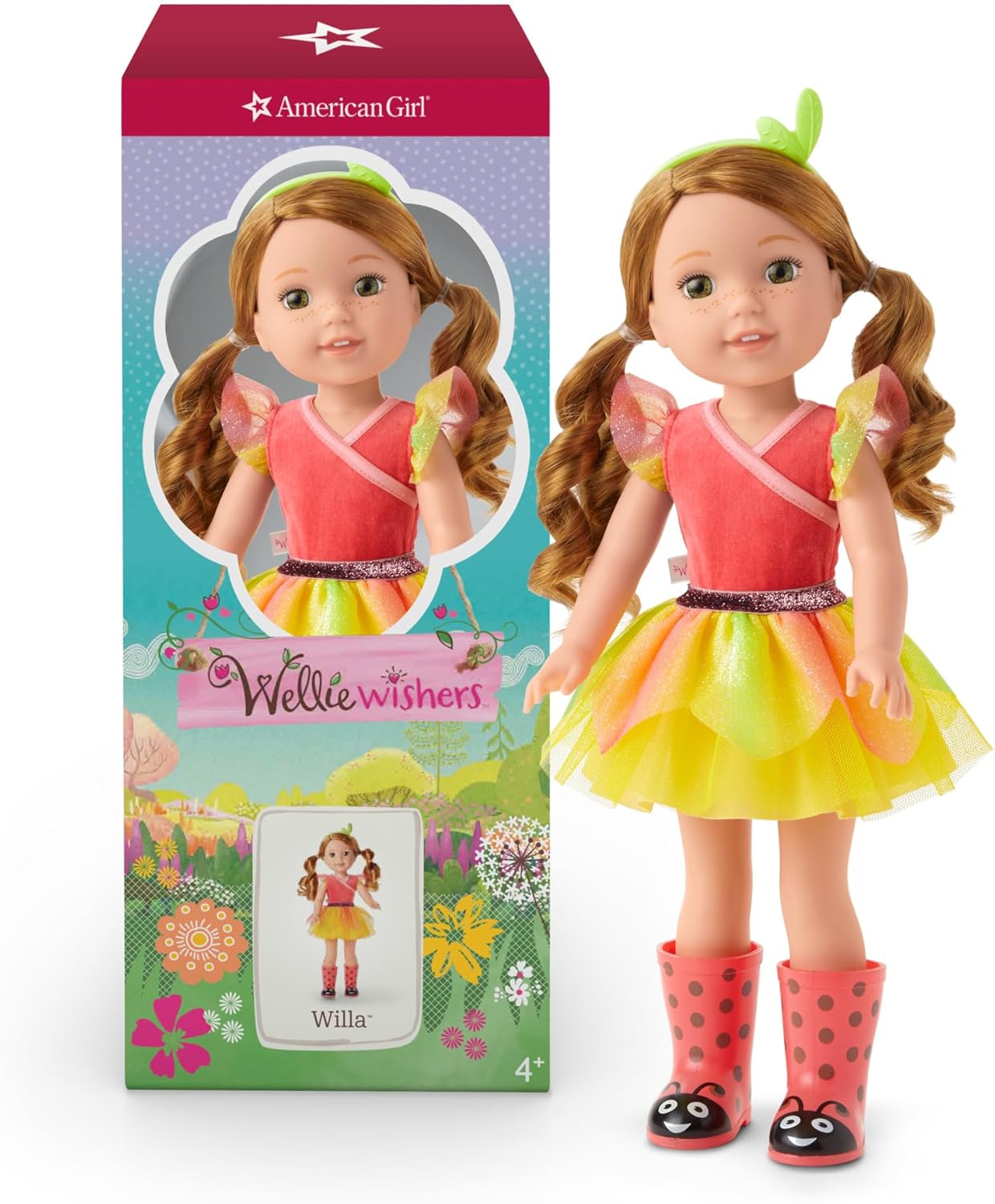 American Girl WellieWishers 14.5-inch Willa Doll with Coral Leotard, Mesh Skirt, Headband, and Boots, For Ages 4+