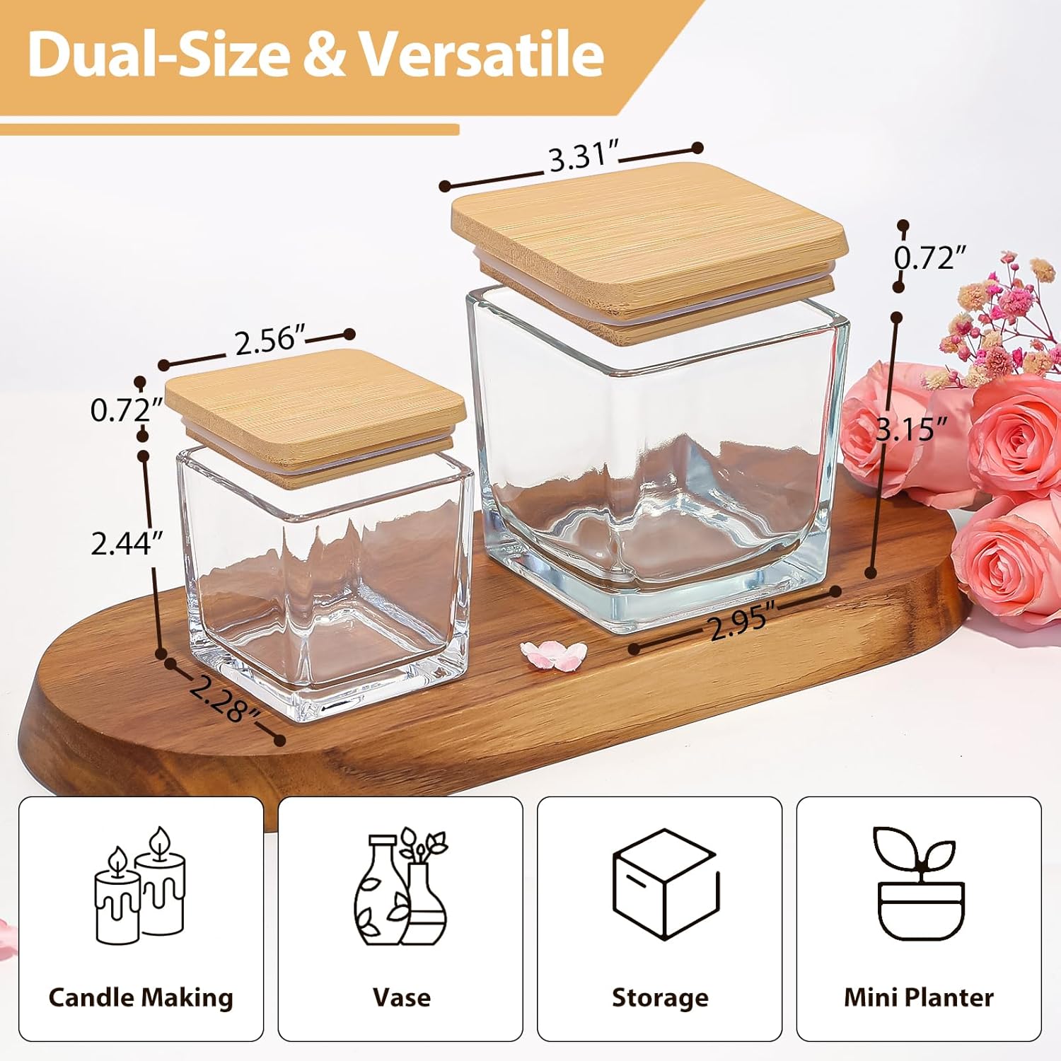 CONNOO 12 Pack 9oz, 3oz Clear Square Candle Jars for Making Candles, Thick Glass Bulk Empty Candle Containers with Airtight Bamboo Lids for Candle Making, Sticky Warning Labels - Dishwasher Safe
