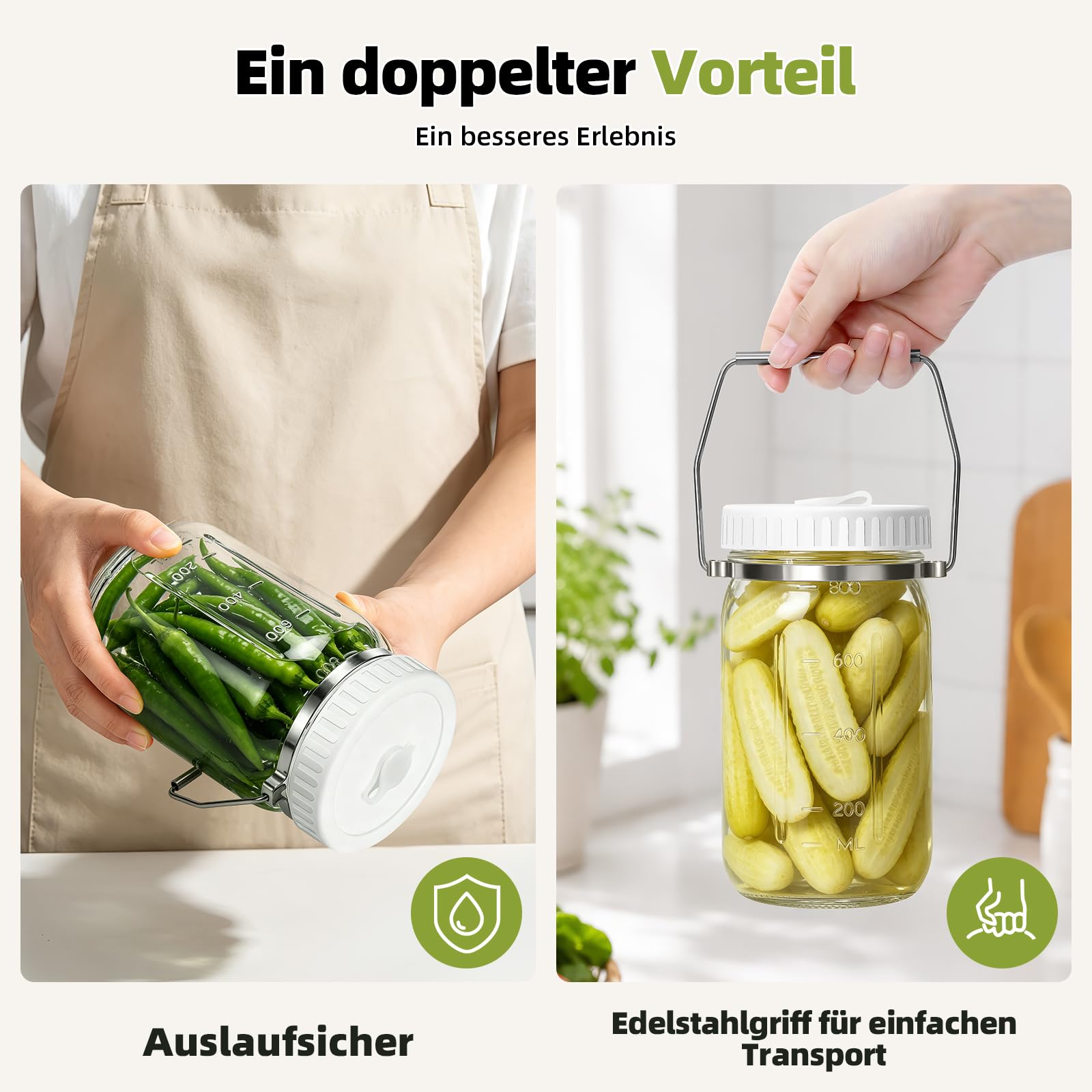 Mittimiya Lot de 2 bocaux de fermentation avec poignée de transport, pots de fermentation avec poids de fermentation, valve de fermentation et étiquettes, pour choucroute, kimchi, kombucha (800 ML)