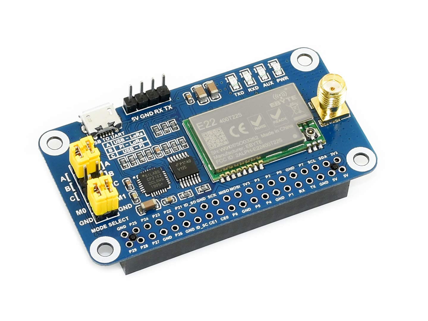 Waveshare SX1268 LoRa HAT for Raspberry Pi Spread Spectrum Modulation 433MHz Frequency Band Allows Data Transmission up to 5km Through Serial Port Supports Wireless Parameter Configuration
