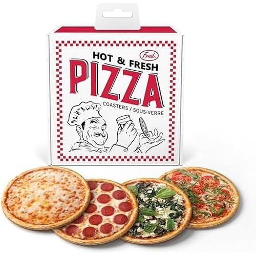Genuine Fred HOT and Fresh Pizza Coasters, Set of 4 Realistic Pizza Style Drink Coasters, MDF and Cork, Packed in Authentic-Looking Mini Pizza Box, Fun and Functional Table Protection, Great Gift