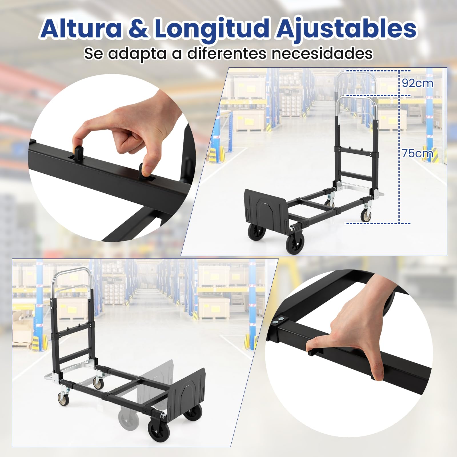 GYMAX Carretilla Plegable con 4 Ruedas, Carro de Transporte con Mango Retráctil, Longitud Extensible y Altura Ajustable, Carga de 272 kg, Carro Plataforma para Almacén, Fábrica y Supermercado