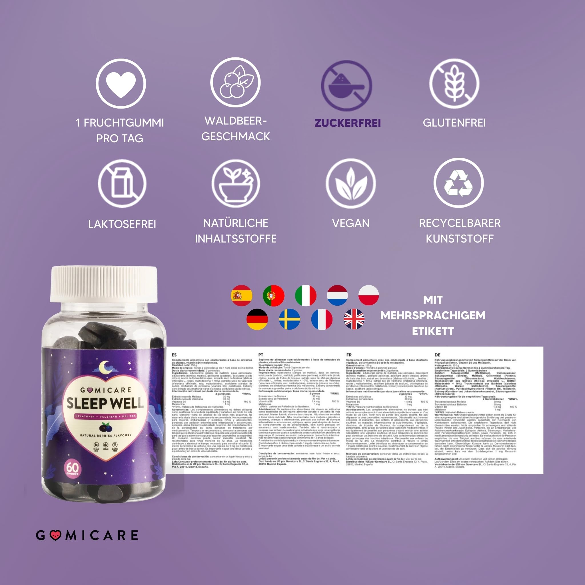 Melatonin Gummies - Melatonin, Vitamin B6, Melissen- Und Baldrianextrakten - 60 Gummies - Zuckerfrei - Vegan - Gluten Und Laktosefrei
