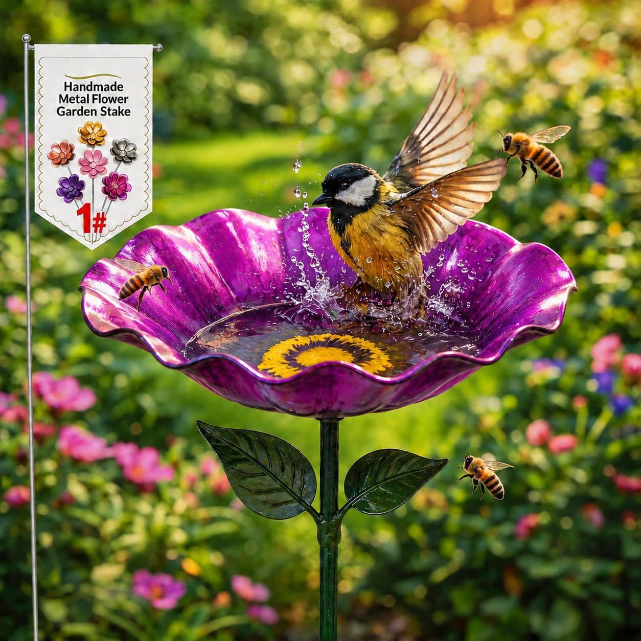Metal Flower Garden Stakes Bird Bath Handmade, Flower Bird Feeder, Bees Bath for Garden Metal, Colorful Butterfly Bees Bath Bowl for Outdoor Yard Decor (Wine Red, 1PC)