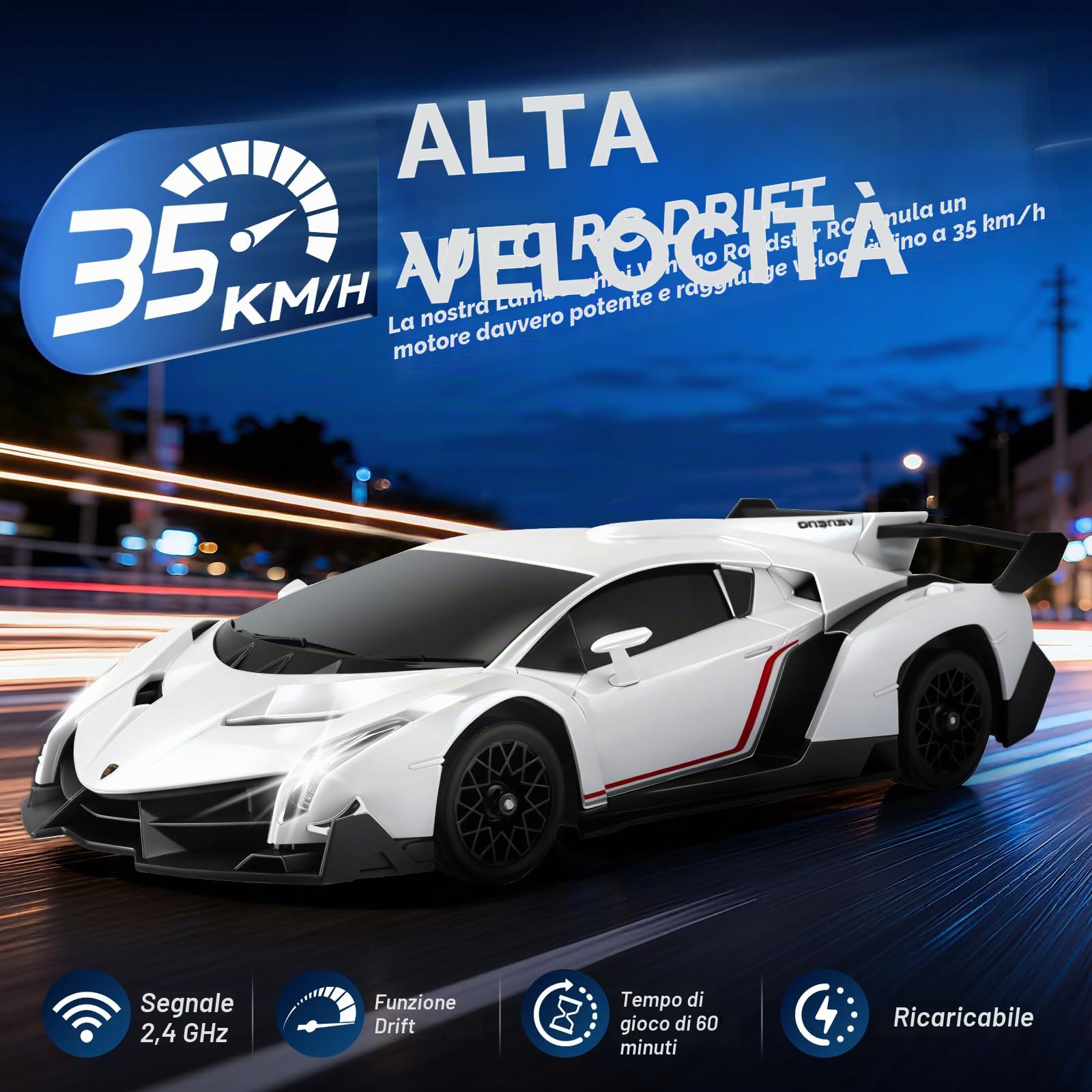 Lamborghini RC Drift Car 1:18 4WD - Auto da corsa ad alta velocità da 35 km/h con luci a LED - Giocattolo da drift telecomandato completamente proporzionale, regalo per bambini, bianco