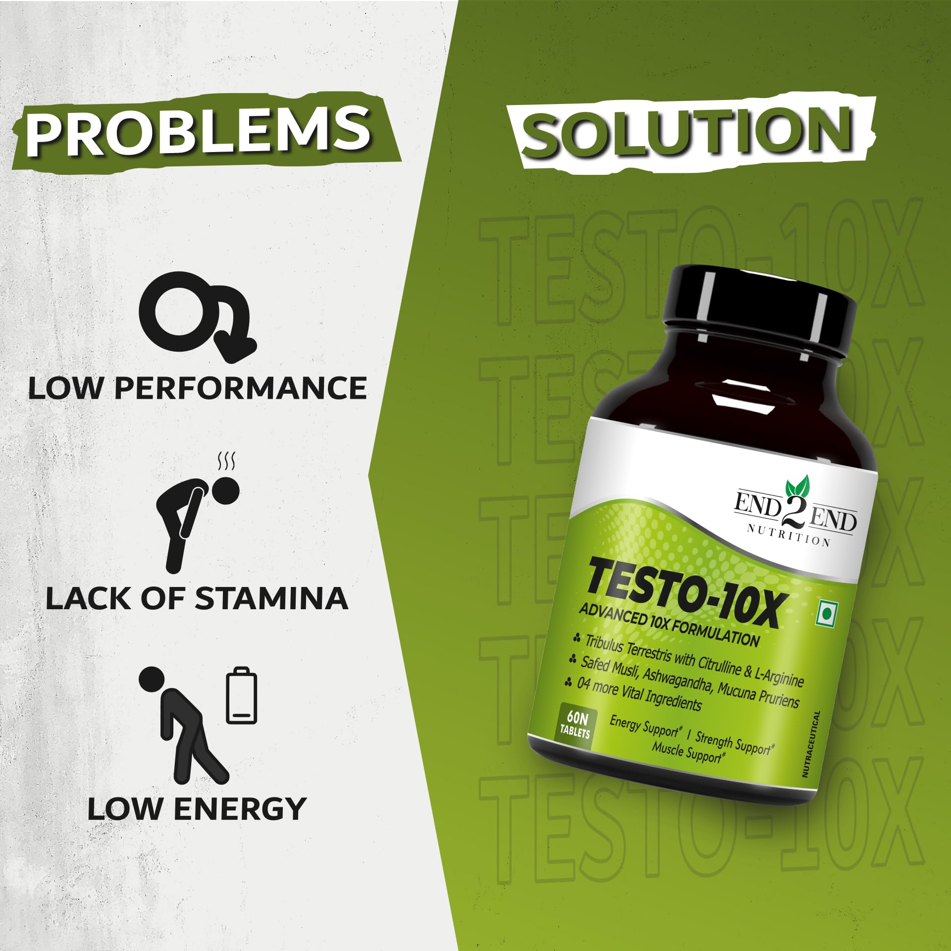 End2End Nutrition Testo-10X Natural Testosterone Booster for Men with Tribulus, L-Arginine, Ashwagandha and Safed Musli for Strength, Stamina, Energy and Muscle Gain – 60 Tablets 1