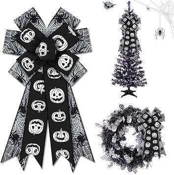 Estivaux Large Halloween Bows for Wreath, Halloween Pumpkin Wreath Bows Black Grey Burlap Bows Spider Web Bows Holiday Tree Topper Bows for Front Door Halloween Party Decorations