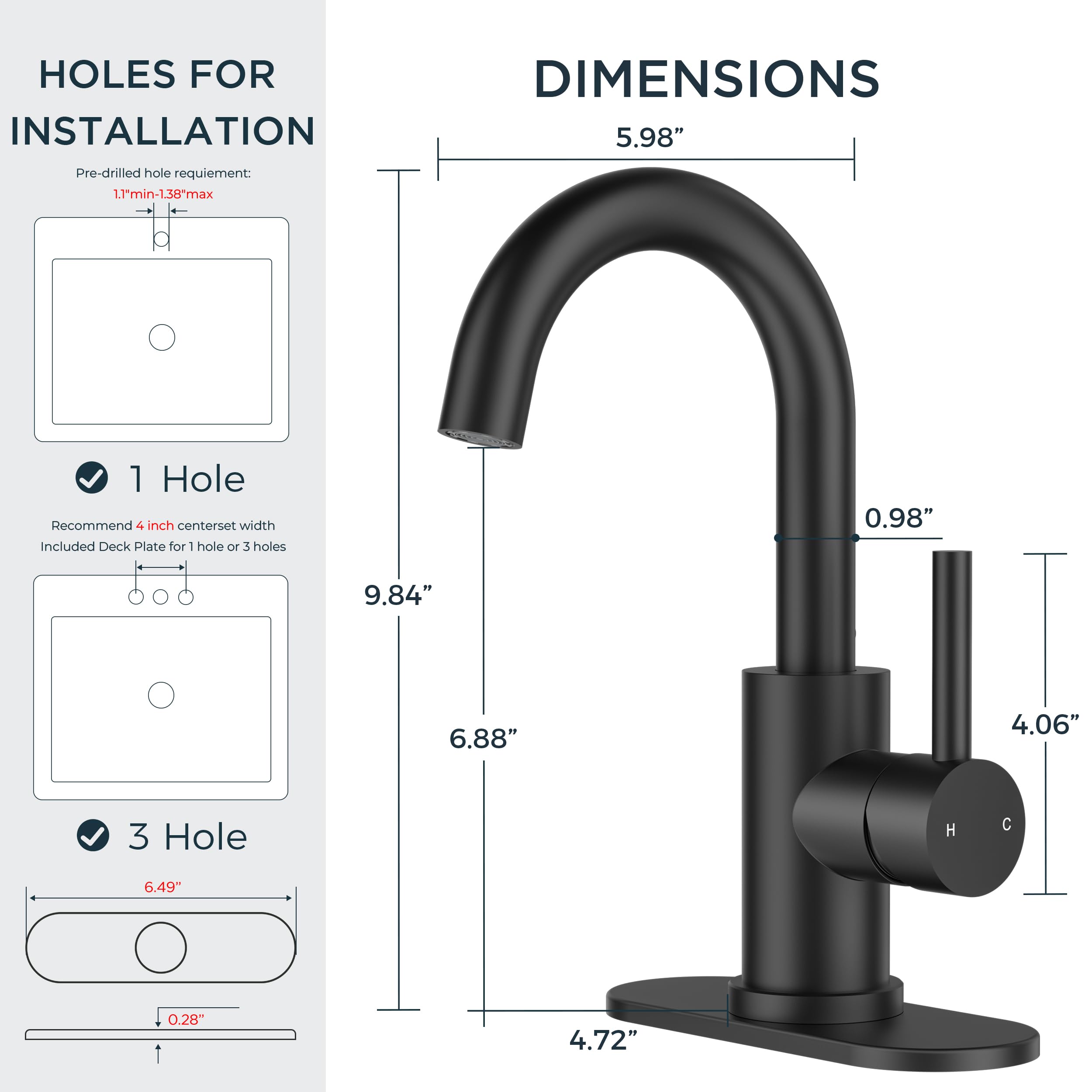 Grifo de baño Negro Mate con 1 Orificio, Grifo Monomando Giratorio de 360° para Lavabo con desagüe emergente