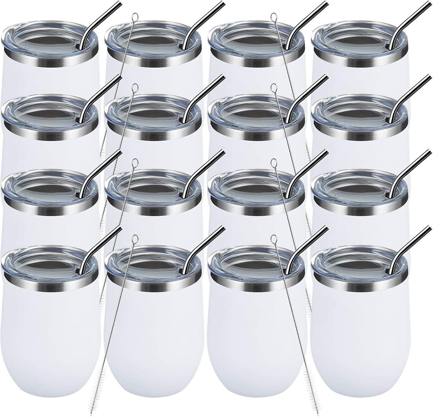 MEWAY 12oz Wine Tumbler 16 Pack Bulk Gifts for Women,Double Wall Vacuum Stainless Steel Travel Mug with Lid,Insulated Stemless Wine Cup Glass for Coffee,Cocktails,Drinks(White,Set of 16)