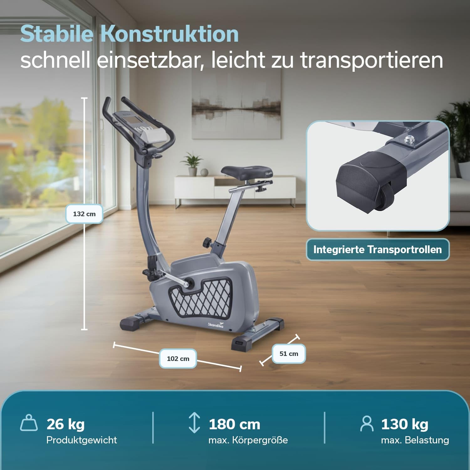 Skandika Wiry Ergometer Heimtrainer 11kg Schwungmasse 24 Trainingsprogramme 32 Widerstandsstufen Magnetbremssystem Bluetooth Kinomap App-Steuerung Transportrollen