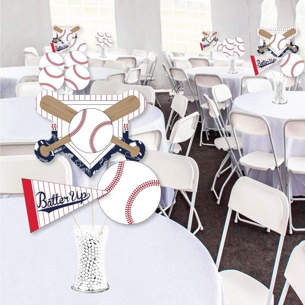 Big Dot of Happiness Baseball Party Centerpiece Sticks - Premium Table Topper Decorations for Baby Shower Birthday Sports Events, Set with Home Base Pennant Baseball Shapes - 35 Pieces