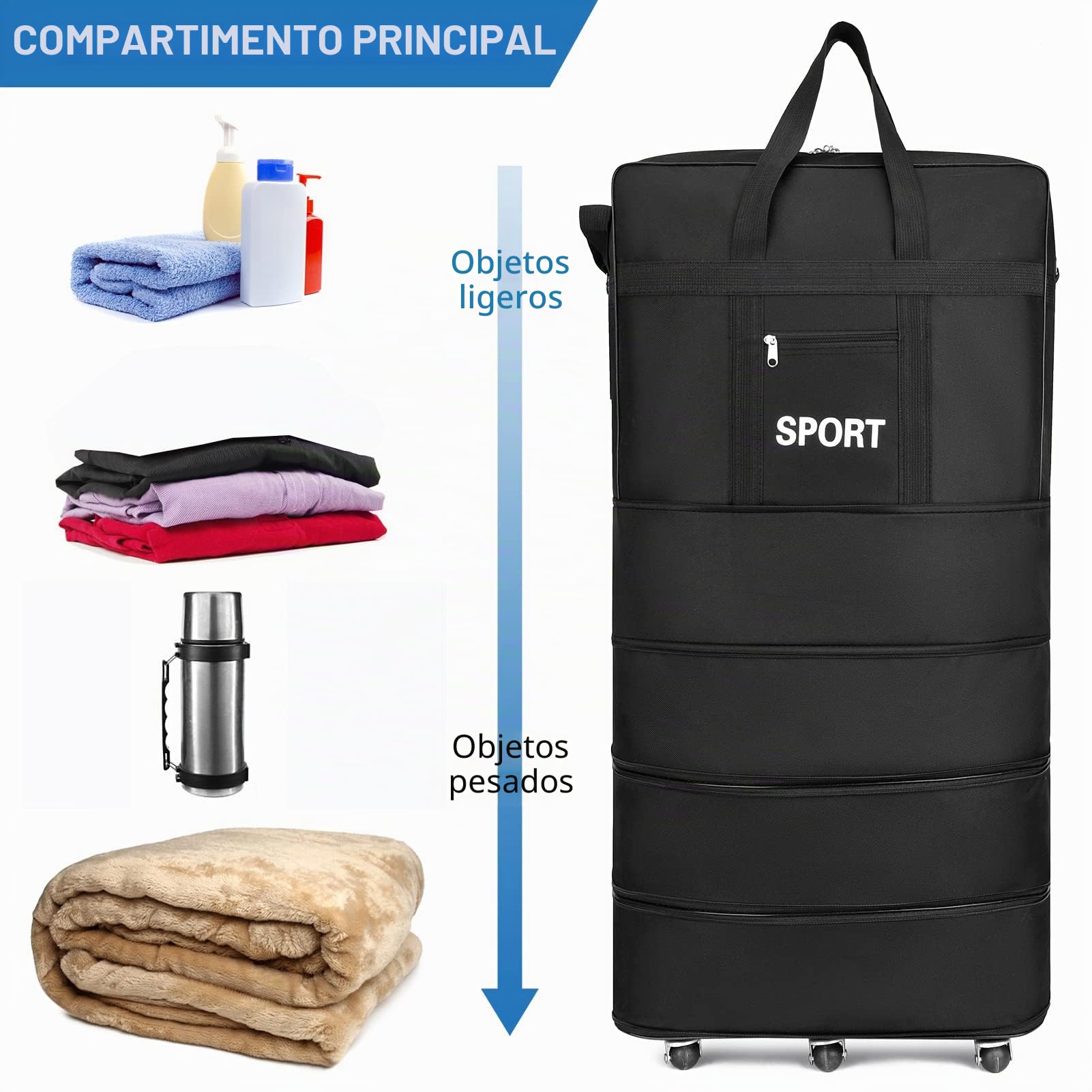 Maleta de viaje con ruedas, expandible, equipaje de mano, gran bolsa de ropa con ruedas, para mudanzas, para la escuela, para hombres y mujeres, Predeterminado, 45 Zoll