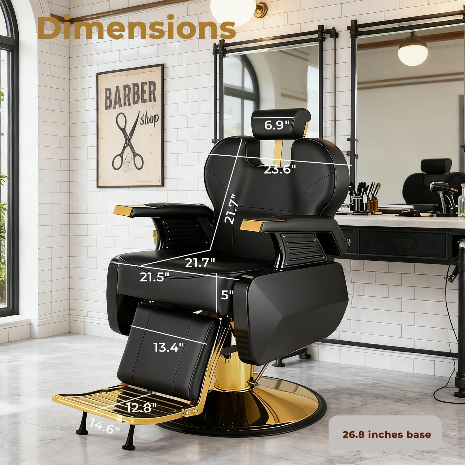 Black and Gold Barber Chair, Heavy Duty Hydraulic Reclining Barber Chair for Barbershop w/ Adjustable Headrest & Footrest, 360° Swivel Studry Frame barber Chair for home, Spa, Tattoo, Beauty Salon