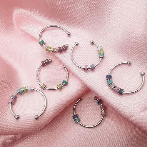 3Pcs Spinning Fidget Rings For Anxiety For Women, Enamel Open Adjustable Colorful Beads Anti Anxiety Relief Silver Plated Dainty Rings Fidget Ring For Kids Girls Teens Jewelry (2Pcs Blue&Pink) #TOP1