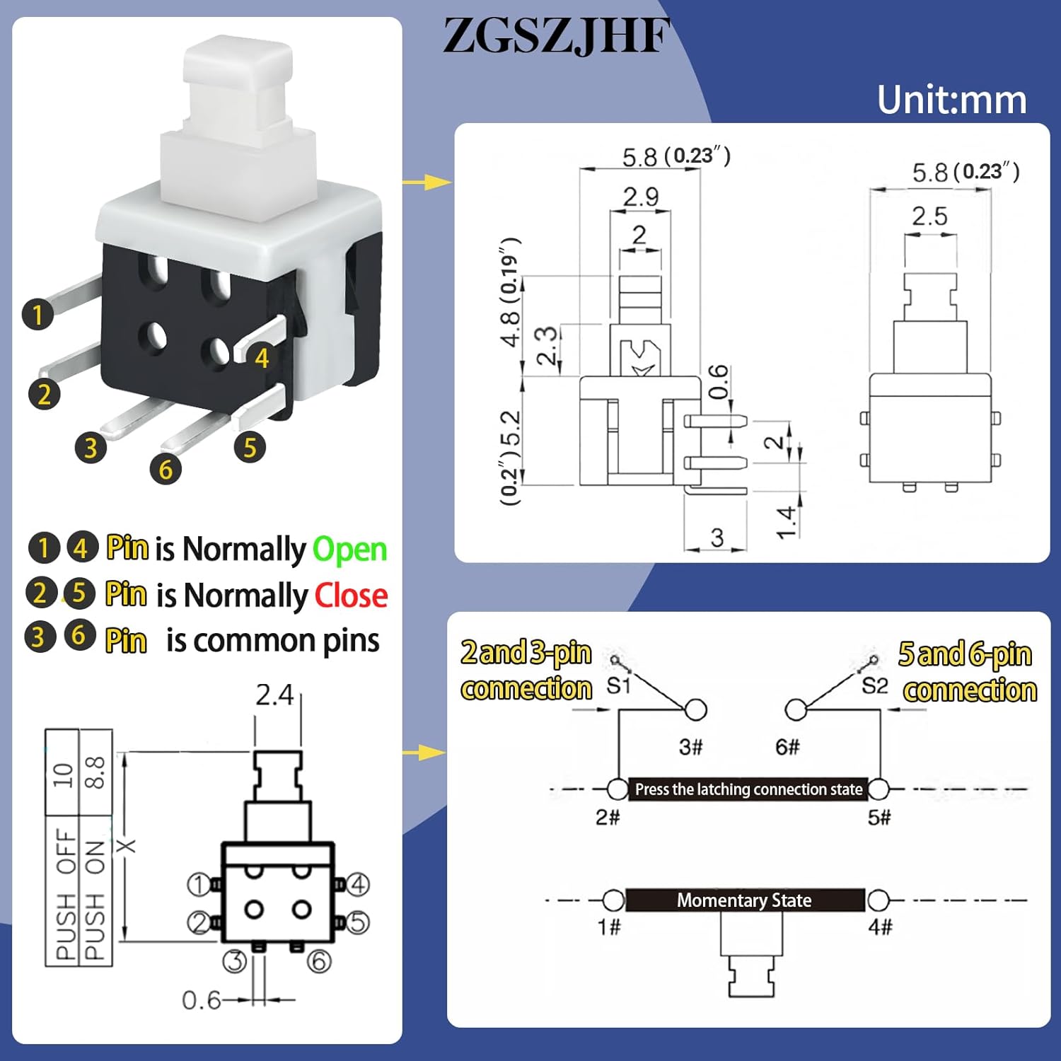 Detailed pinout and circuit diagram for the ZGSZJHF 6-pin SPDT latching switch.