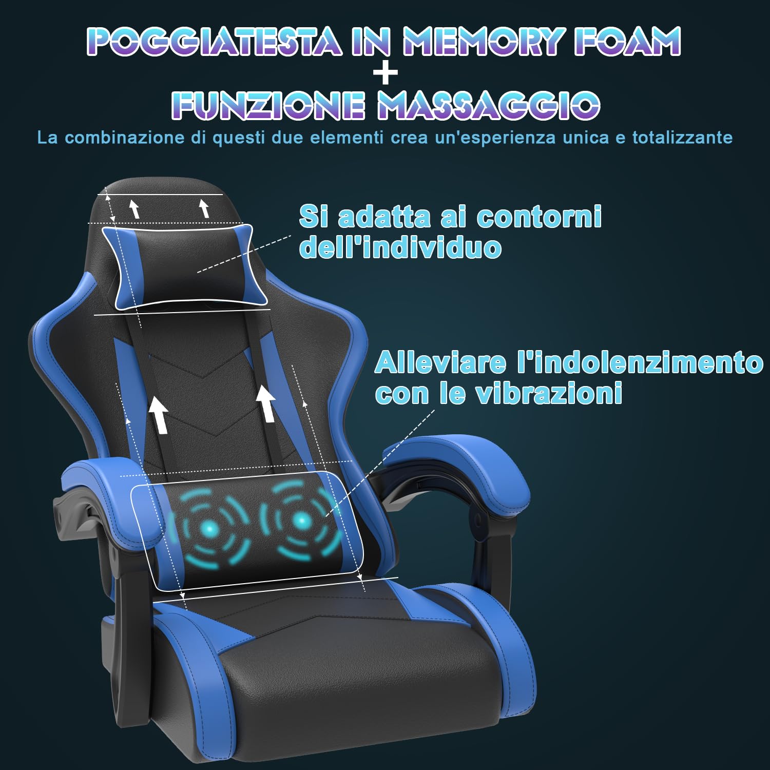 Devoko Sedia da Gaming Massaggiante con Poggiapiedi Telescopico, Sedia Gamer con Cuscino Lombare Massaggio & Poggiatesta, Ergonomico Sedia da Ufficio Schienale Regolabile 90-135°, Portata 150kg(Blu)