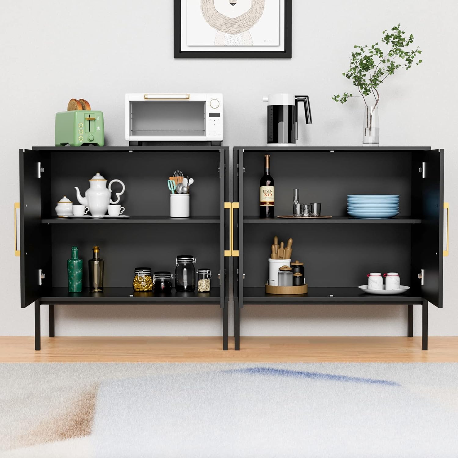 CARPETNAL Set of 2 Accent Storage Cabinet with Doors and Adjustable Shelf, Freestanding Buffet Cabinet, Modern Sideboard Buffet Cabinet for Living Room, Dining Room, Kitchen, Hallway (Black)