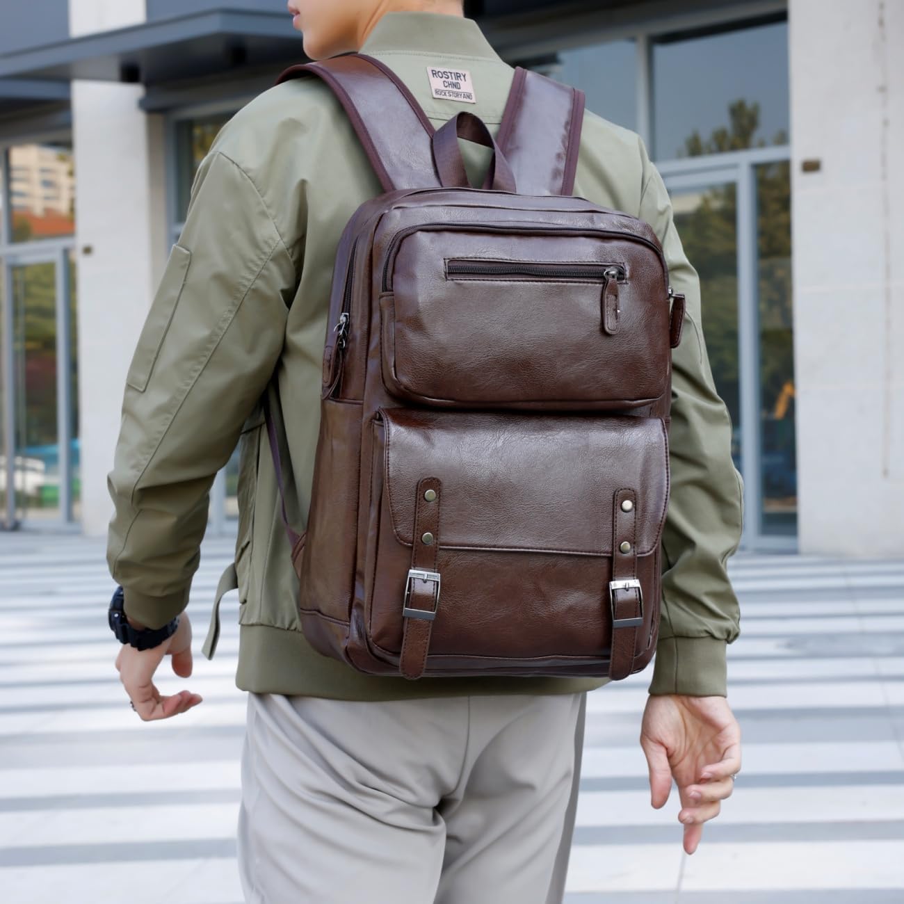 PU Casual Backpack,Men Women casual Leather laptop backpack,Daily commuter leather backpack,work bag (Brown) - Image 4