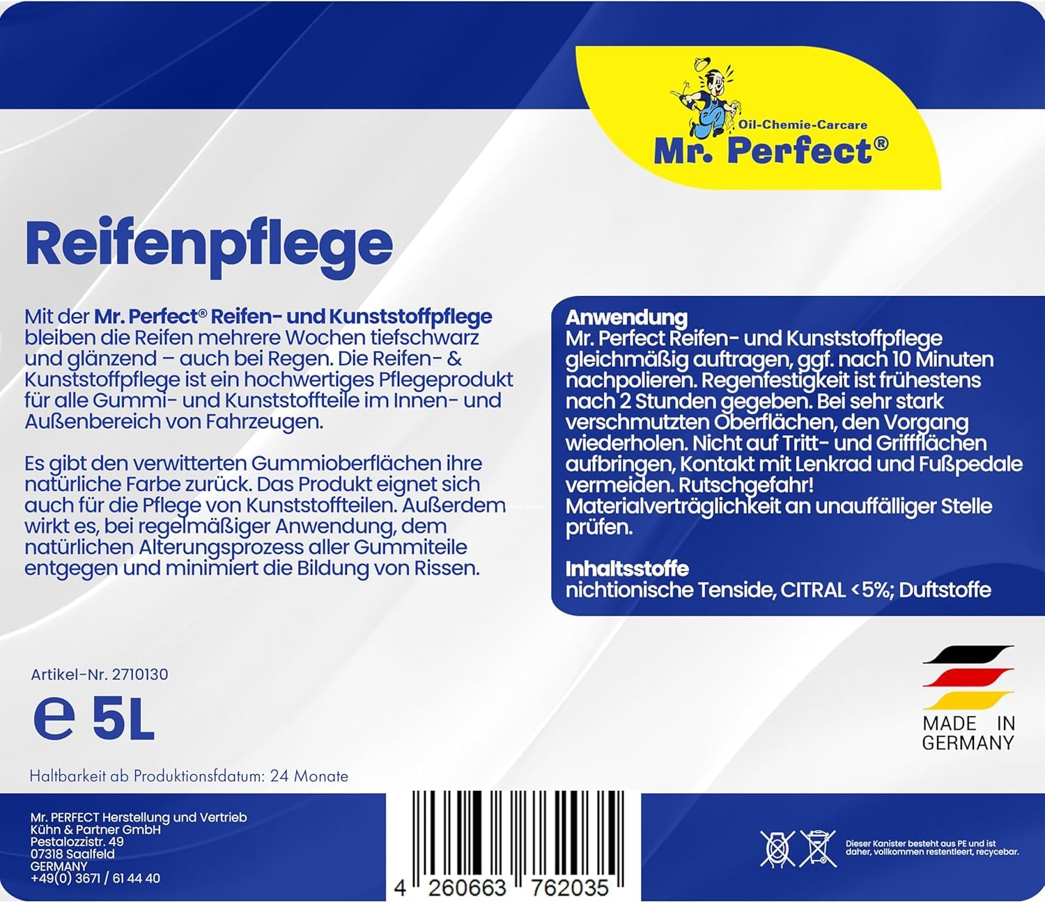 Mr. Perfect® 4x5L Reifenglanz - Auto Kunststoffpflege & Gummipflege für Außen - Schwarz - Reifenpflege für Reifenglanz - Autoreifen Pflege und Reifen Reiniger - Reifenschwarz Auto