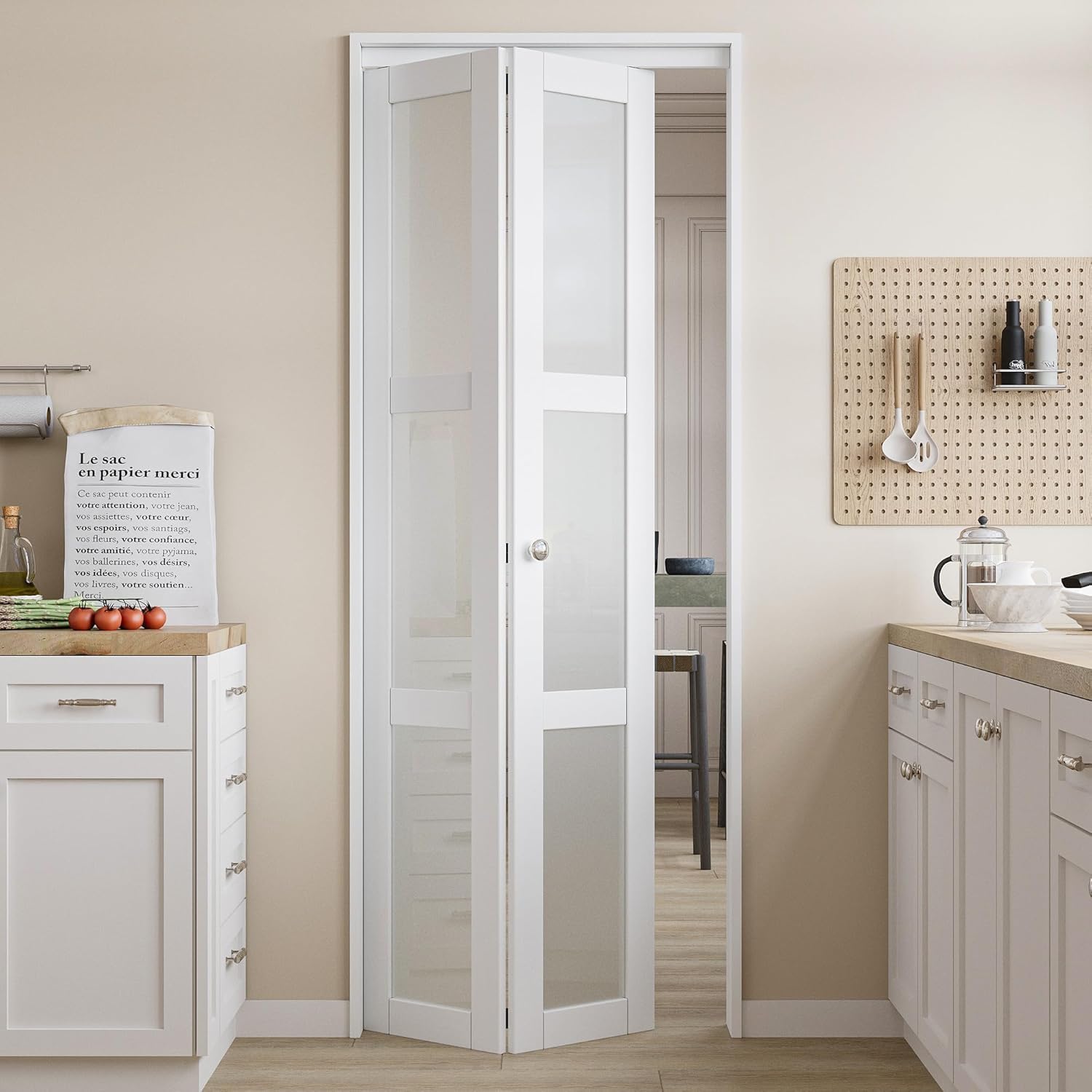 Bi-Fold Doors 30" x 80" Heavy-Duty 3-Panel Frosted Glass Door with Knob & Hardware Kit, Interior Folding Pantry/Closet Door, White Pre-Drilled Panels with Tempered Thicken Glass, Easy Install