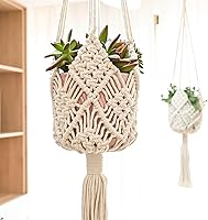XINBOR 2-Pack White Macrame Plant Hangers for 8-Inch Pots - Boho Crochet Hanging Planters with S-Hooks, Indoor Outdoor