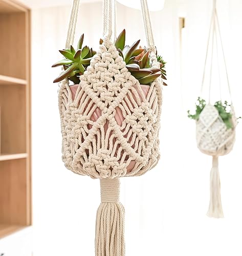 Macetero colgante con patrones, 2 paquetes de colgadores de macramé para interiores de hasta 8 pulgadas, soporte bohemio para colgar plantas en