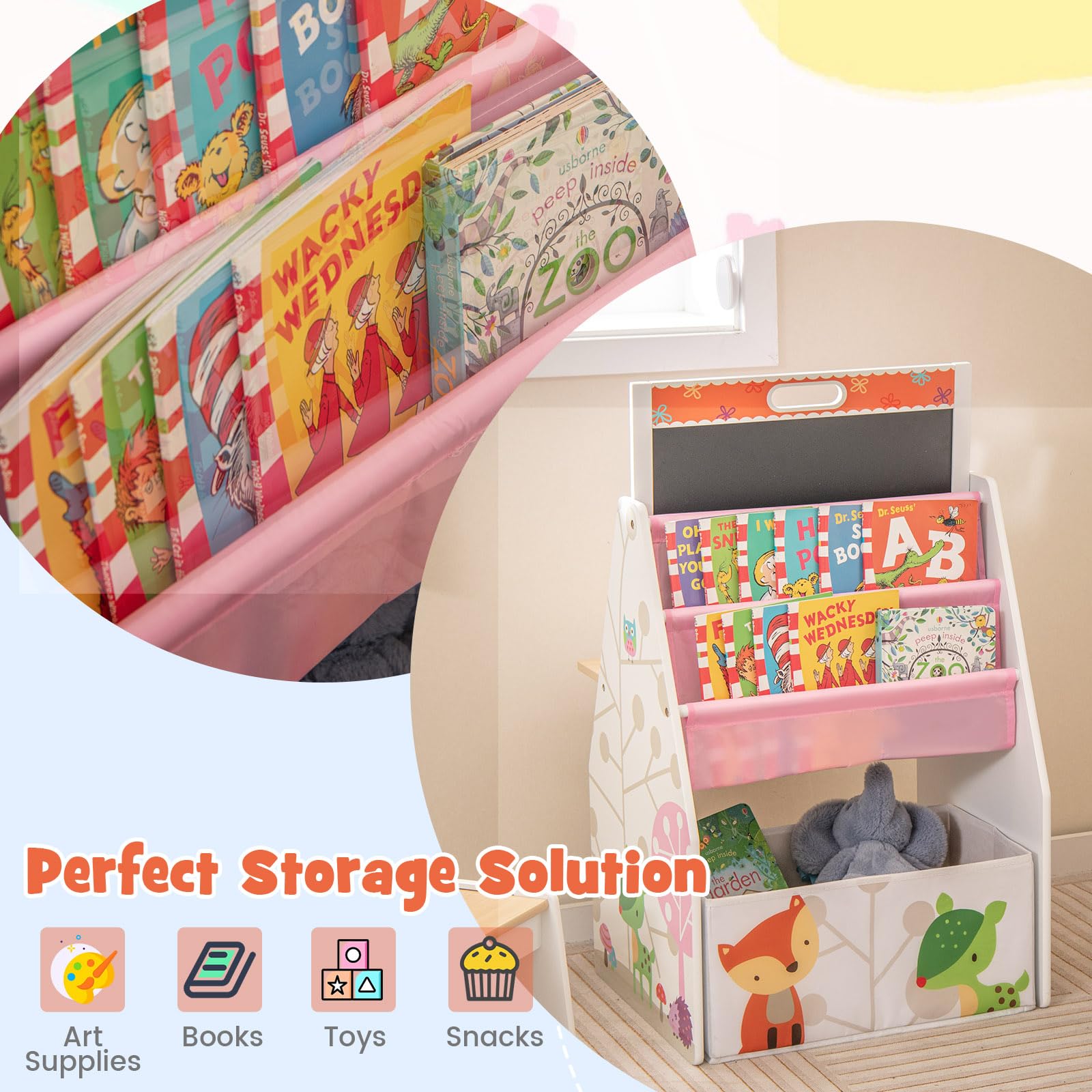 LIFEZEAL Tavolino Bambini con Sedie, Tavolino con Libreria, Lavagna Doppio Faccia e Contenitore Pieghevole per Giochi, Tavolo Multiattivita e Sedia per Cameretta, Tavolo per Bimbi 3-6 Anni (bianco)