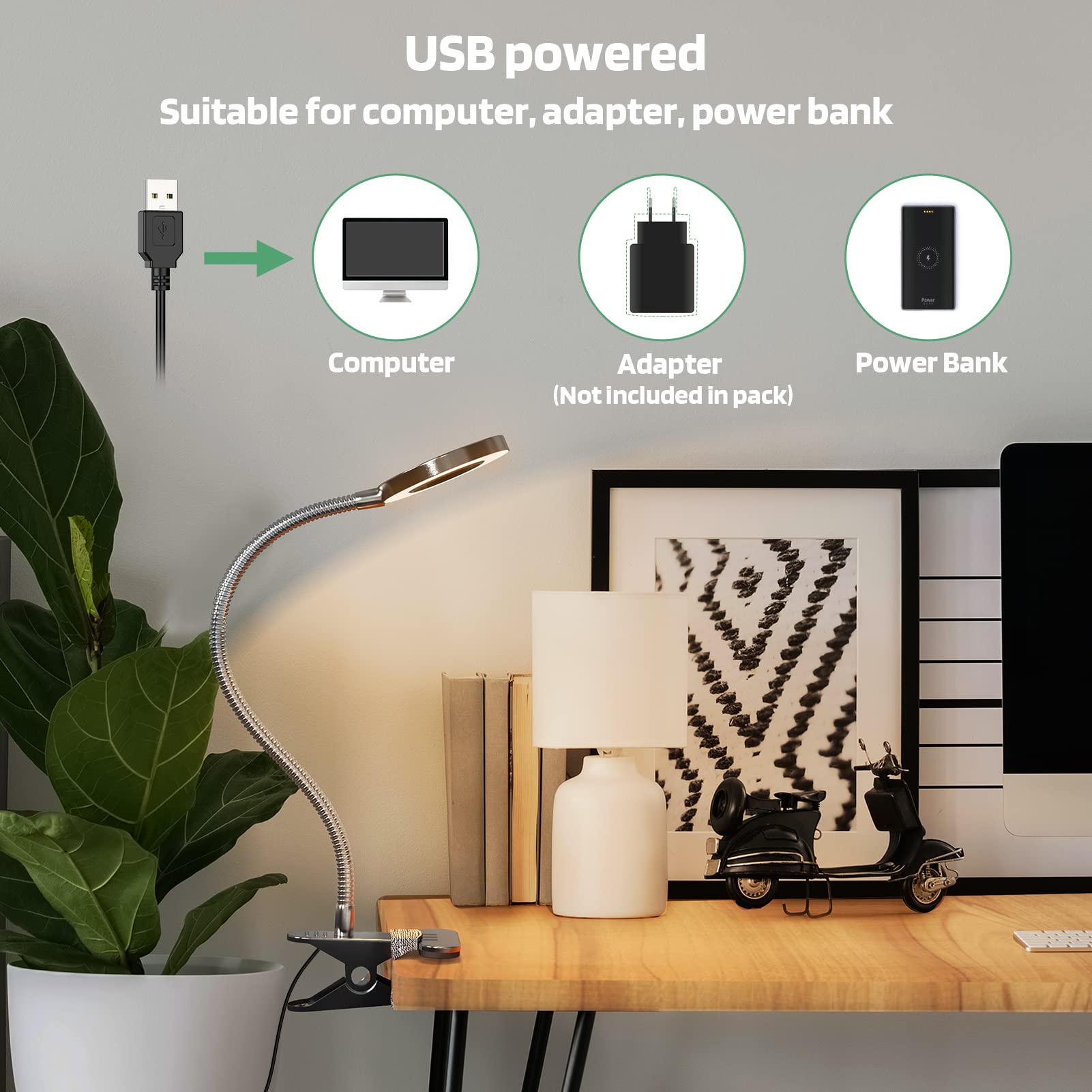 GLORIOUS-LITE LED-Licht, 36 LEDs, augenschonende Leselampe für Schlafsaal, 360° flexibler Schwanenhals mit 4 Farbmodi, dimmbares Buchlicht für Bett, Schreibtisch, Kopfteil, Computer (Silber)
